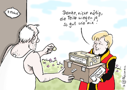 Cartoon: Paketdienst der Regierung (medium) by Pfohlmann tagged paketzusteller,lohn,bezahlung,ausbeutung,paketboten,maßnahmenpaket,gesetzespaket,merkel,bundeskanzlerin,trinkgeld,paketzusteller,lohn,bezahlung,ausbeutung,paketboten,maßnahmenpaket,gesetzespaket,merkel,bundeskanzlerin,trinkgeld