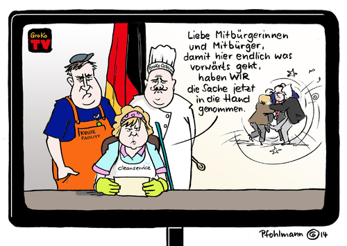 Cartoon: Personalputsch (medium) by Pfohlmann tagged karikatur,cartoon,color,farbe,2014,deutschland,groko,edathy,affäre,streit,vertrauen,vertrauensbruch,große,koalition,merkel,bundeskanzlerin,seehofer,gabriel,gipfeltreffen,spd,cdu,csu,union,ansprache,putsch,personal,putzfrau,hausmeister,koch,machtübernahme,krise,regierungskrise,karikatur,cartoon,color,farbe,2014,deutschland,groko,edathy,affäre,streit,vertrauen,vertrauensbruch,große,koalition,merkel,bundeskanzlerin,seehofer,gabriel,gipfeltreffen,spd,cdu,csu,union,ansprache,putsch,personal,putzfrau,hausmeister,koch,machtübernahme,krise,regierungskrise