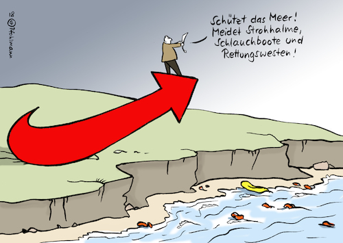 Cartoon: Plastik im Meer meiden (medium) by Pfohlmann tagged cartoon,plastik,meer,flüchtlinge,schlauchboote,strohhalm,verbot,afd,ausländerfeindlichkeit,rettungswesten,cartoon,plastik,meer,flüchtlinge,schlauchboote,strohhalm,verbot,afd,ausländerfeindlichkeit,rettungswesten