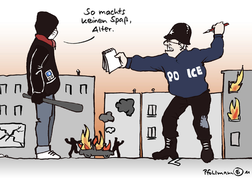 Cartoon: Police (medium) by Pfohlmann tagged karikatur,color,farbe,2011,london,england,großbritannien,great,britain,police,polizei,randale,randalierer,protest,proteste,feuer,fire,brand,brände,brandstiftung,krawall,krawalle,jugend,jugendliche,straßenschlacht,großbritannien,england,krawalle,randale,polizei,london