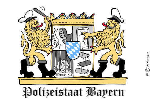 Cartoon: Polizeistaat Bayern (medium) by Pfohlmann tagged karikatur,cartoon,color,farbe,2018,deutschland,bayern,polizeistaat,freistaat,wappen,löwen,csu,söder,regierungserklärung,grenzpolizei,überwachung,videoüberwachung,handy,smartphone,psychisch,krank,kranke,psychiatrie,depression,patienten,polizei,meldepflicht,gesetz,gesetzesvorhaben,polizeidienststelle,datenschutz,schweigepflicht,grundrechte,schlagstock,überwachungsstaat,karikatur,cartoon,color,farbe,2018,deutschland,bayern,polizeistaat,freistaat,wappen,löwen,csu,söder,regierungserklärung,grenzpolizei,überwachung,videoüberwachung,handy,smartphone,psychisch,krank,kranke,psychiatrie,depression,patienten,polizei,meldepflicht,gesetz,gesetzesvorhaben,polizeidienststelle,datenschutz,schweigepflicht,grundrechte,schlagstock,überwachungsstaat