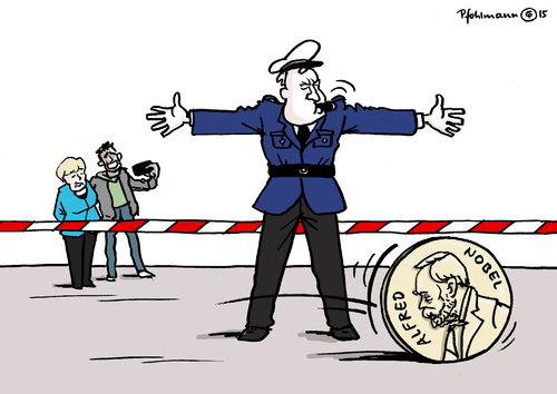 Cartoon: Preis rollt vorbei (medium) by Pfohlmann tagged karikatur,cartoon,2015,color,farbe,merkel,selfie,nobelpreis,friedensnobelpreis,seehofer,csu,polizist,verkehrspolizist,absperrung,vorbei,nobel,verleihung,preisverleihung,cdu,union,flucht,bundeskanzlerin,wir,schaffen,das,global,welt,asyl,asylbewerber,flüchtlinge,aufnahme,integration,migration,immigration,flüchtling,willkommen,karikatur,cartoon,2015,color,farbe,merkel,selfie,nobelpreis,friedensnobelpreis,seehofer,csu,polizist,verkehrspolizist,absperrung,vorbei,nobel,verleihung,preisverleihung,cdu,union,flucht,bundeskanzlerin,wir,schaffen,das,global,welt,asyl,asylbewerber,flüchtlinge,aufnahme,integration,migration,immigration,flüchtling,willkommen