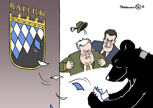 Cartoon: Problembär (medium) by Pfohlmann tagged karikatur,color,farbe,2012,deutschland,bayern,berlin,länderfinanzausgleich,bär,raute,rauten,wappen,geberländer,seehofer,söder,ministerpräsident,klage,bundesverfassungsgericht,karlsruhe,bayern,berlin,länderfinanzausgleich,2012,bär,raute,rauten,deutschland,geberländer,wappen