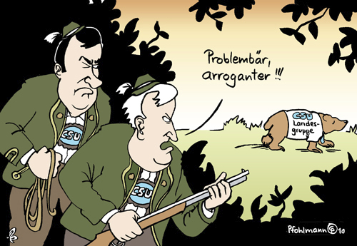 Cartoon: Problembärliner (medium) by Pfohlmann tagged csu,bayern,berlin,söder,seehofer,bär,problembär,jäger,schrotflinte,gewehr,landesgruppe