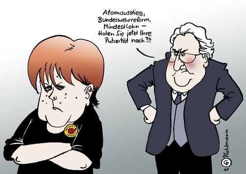 Cartoon: Pubertät (medium) by Pfohlmann tagged karikatur,color,farbe,2011,deutschland,mindestlohn,merkel,hundt,bundeskanzlerin,cdu,arbeitgeber,pubertät,atomausstieg,bundeswehr,bundeswehrreform,arbeitgeberverband,arbeitgeberpräsident,mindestlohn,merkel,bundeswehr,deutschland