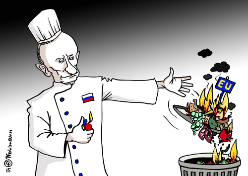Cartoon: Putin flambiert (medium) by Pfohlmann tagged karikatur,cartoon,2015,color,farbe,russland,putin,flambiert,embargo,lebensmittel,obst,gemüse,eu,handelssperre,sanktionen,feuer,verbrennen,verbrennung,tonne,flambieren,koch,kochmütze,ukraine,ostukraine,konflikt,krieg,karikatur,cartoon,2015,color,farbe,russland,putin,flambiert,embargo,lebensmittel,obst,gemüse,eu,handelssperre,sanktionen,feuer,verbrennen,verbrennung,tonne,flambieren,koch,kochmütze,ukraine,ostukraine,konflikt,krieg