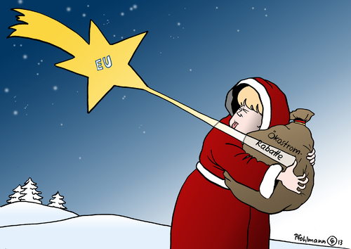 Cartoon: Rabattsack (medium) by Pfohlmann tagged karikatur,cartoon,color,farbe,2013,deutschland,energiewende,eu,verfahren,kommission,klage,ausnahmen,ökostrom,eeg,merkel,bundeskanzlerin,weihnachten,industrie,stromverbraucher,sack,komet,weihnachtsstern,weihnachtsmann,weihnachtsfrau,wettbewerb,verzerrung,wettbewerbsverzerrung,karikatur,cartoon,color,farbe,2013,deutschland,energiewende,eu,verfahren,kommission,klage,ausnahmen,ökostrom,eeg,merkel,bundeskanzlerin,weihnachten,industrie,stromverbraucher,sack,komet,weihnachtsstern,weihnachtsmann,weihnachtsfrau,wettbewerb,verzerrung,wettbewerbsverzerrung