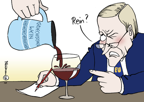 Cartoon: reiner Wein (medium) by Pfohlmann tagged karikatur,color,farbe,2011,griechenland,eu,euro,finanzkrise,verschuldung,wein,rein,reiner,einschenken,kontrolle,kontrolleure,währung,währungsunion,stabilität,einsparungen,einsparen,troika,europa,griechenland,eu,euro,finanzkrise,verschuldung,wein,einschenken,währung,währungsunion,stabilität,einsparungen