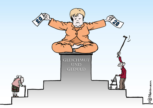 Cartoon: Rentengleichmut (medium) by Pfohlmann tagged karikatur,cartoon,color,farbe,2014,deutschland,merkel,bundeskanzlerin,rente,renten,rentenanpassung,gleichheit,gleichmut,geduld,2020,angleichung,ost,west,buddha,buddhismus,rentner,rentnerin,wahlen,landtagswahlen,karikatur,cartoon,color,farbe,2014,deutschland,merkel,bundeskanzlerin,rente,renten,rentenanpassung,gleichheit,gleichmut,geduld,2020,angleichung,ost,west,buddha,buddhismus,rentner,rentnerin,wahlen,landtagswahlen