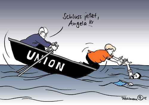 Cartoon: Retterin Merkel (medium) by Pfohlmann tagged karikatur,cartoon,2015,color,farbe,griechenland,merkel,union,kauder,boot,ertrinken,eu,gipfel,tsipras,rettung,retten,pleite,zahlungsunfähigkeit,staatspleite,reformen,schuldenkrise,europa,reformliste,geldgeber,kredite,verhandlung,grexit,austritt,aufschub,karikatur,cartoon,2015,color,farbe,griechenland,merkel,union,kauder,boot,ertrinken,eu,gipfel,tsipras,rettung,retten,pleite,zahlungsunfähigkeit,staatspleite,reformen,schuldenkrise,europa,reformliste,geldgeber,kredite,verhandlung,grexit,austritt,aufschub