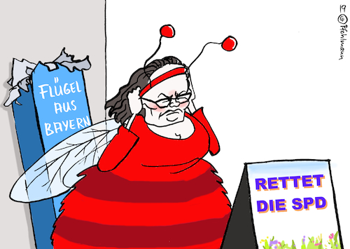 Cartoon: Rettet die SPD (medium) by Pfohlmann tagged karikatur,cartoon,nahles,spd,volksbegehren,biene,artenvielfalt,artenschutz,bayern,flügel,kostüm,karikatur,cartoon,nahles,spd,volksbegehren,biene,artenvielfalt,artenschutz,bayern,flügel,kostüm