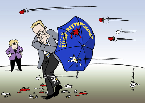 Cartoon: Rettungsschirm (medium) by Pfohlmann tagged karikatur,color,farbe,2011,deutschland,westerwelle,guido,rettungsschirm,außenminister,kritik,libyen,einsatz,nato,fdp,euro,merkel,bundeskanzlerin,kanzlerin,eier,tomaten,schirm,regenschirm,deutschland,westerwelle,rettungsschirm,außenminister,libyen,kritik,merkel,bundeskanzlerin