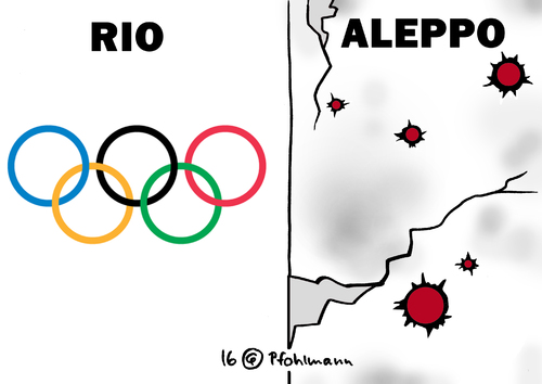 Cartoon: Rio - Aleppo (medium) by Pfohlmann tagged karikatur,cartoon,2016,color,farbe,global,welt,rio,olympia,olympische,spiele,ringe,aleppo,syrien,krieg,bürgerkrieg,gewalt,sport,medien,aufmerksamkeit,karikatur,cartoon,2016,color,farbe,global,welt,rio,olympia,olympische,spiele,ringe,aleppo,syrien,krieg,bürgerkrieg,gewalt,sport,medien,aufmerksamkeit