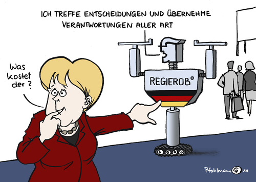 Cartoon: Roboter (medium) by Pfohlmann tagged hannover,messe,ausstellung,2011,roboter,regierung,bundeskanzlerin,merkel,koalition,schwarz,gelb,verantwortung,entscheidung,hannover,messe,ausstellung,2011,roboter,regierung,bundeskanzlerin,merkel,koalition,schwarz,gelb,verantwortung,entscheidung