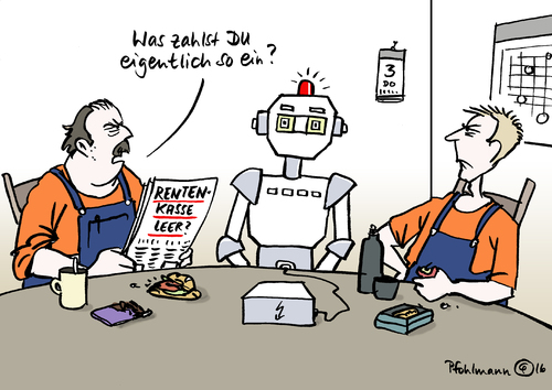 Cartoon: Robs Rentenbeitrag (medium) by Pfohlmann tagged karikatur,cartoon,2016,color,farbe,deutschland,rente,rentenreform,rentenkasse,altersarmut,roboter,industrie,automatisierung,kollege,kollegen,mittagspause,beitrag,rentenbeitrag,einzahler,karikatur,cartoon,2016,color,farbe,deutschland,rente,rentenreform,rentenkasse,altersarmut,roboter,industrie,automatisierung,kollege,kollegen,mittagspause,beitrag,rentenbeitrag,einzahler