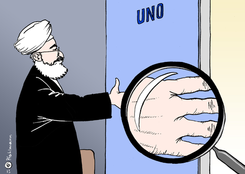 Cartoon: Rohanis Hand (medium) by Pfohlmann tagged karikatur,cartoon,color,farbe,2013,iran,rohani,präsident,hand,uno,versammlung,angebot,vermittlung,öffnung,moderat,skepsis,lupe,vereinte,nationen,karikatur,cartoon,color,farbe,2013,iran,rohani,präsident,hand,uno,versammlung,angebot,vermittlung,öffnung,moderat,skepsis,lupe,vereinte,nationen