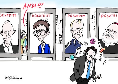 Cartoon: Rücktritts-Serie (medium) by Pfohlmann tagged 2020,deutschland,rücktritt,rücktritte,serie,kemmerich,thüringen,akk,kramp,karrenbauer,cdu,fdp,csu,scheuer,andi,verkehrsminister,klinsmann,marx,kardinal,trainer,2020,deutschland,rücktritt,rücktritte,serie,kemmerich,thüringen,akk,kramp,karrenbauer,cdu,fdp,csu,scheuer,andi,verkehrsminister,klinsmann,marx,kardinal,trainer