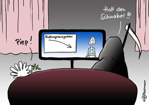 Cartoon: Rüstungsnews (medium) by Pfohlmann tagged karikatur,cartoon,color,farbe,2013,welt,global,rüstungsausgaben,rückgang,rüstung,militär,budget,friedenstaube,tod,sensenmann,nachrichten,fernsehen,tv,news,schnabel,karikatur,cartoon,color,farbe,2013,welt,global,rüstungsausgaben,rückgang,rüstung,militär,budget,friedenstaube,tod,sensenmann,nachrichten,fernsehen,tv,news,schnabel