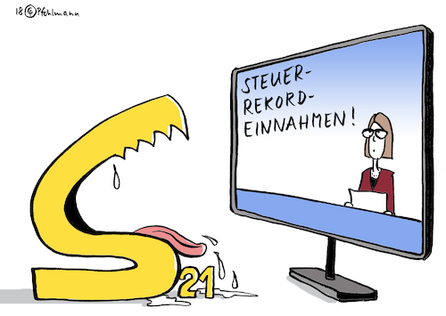 Cartoon: S 21 Gier (medium) by Pfohlmann tagged karikatur,cartoon,color,farbe,2018,deutschland,stuttgart,21,steuern,steuerrekord,rekord,einnahmen,steuereinnahmen,bund,länder,gemeinden,bahnhof,bahn,db,großprojekte,teuerer,später,verspätung,fertigstellung,verschiebung,preissteigerung,kosten,kostensteigerung,tv,nachrichten,fernsehen,fernseher,karikatur,cartoon,color,farbe,2018,deutschland,stuttgart,21,steuern,steuerrekord,rekord,einnahmen,steuereinnahmen,bund,länder,gemeinden,bahnhof,bahn,db,großprojekte,teuerer,später,verspätung,fertigstellung,verschiebung,preissteigerung,kosten,kostensteigerung,tv,nachrichten,fernsehen,fernseher