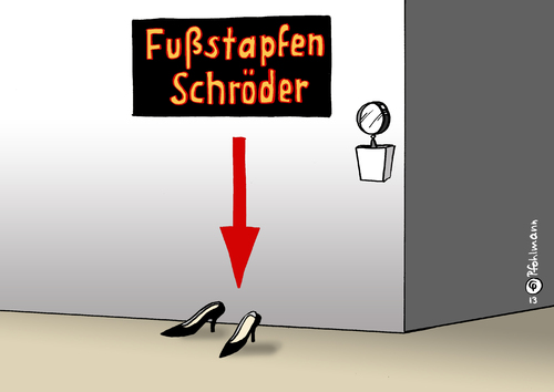 Cartoon: Schröders Fußstapfen (medium) by Pfohlmann tagged karikatur,cartoon,color,farbe,2013,deutschland,schröder,kristina,fußstapfen,christina,familienministerin,schuhe,klein,lupe,nachfolge,familienpolitik,karikatur,cartoon,color,farbe,2013,deutschland,schröder,kristina,fußstapfen,christina,familienministerin,schuhe,klein,lupe,nachfolge,familienpolitik