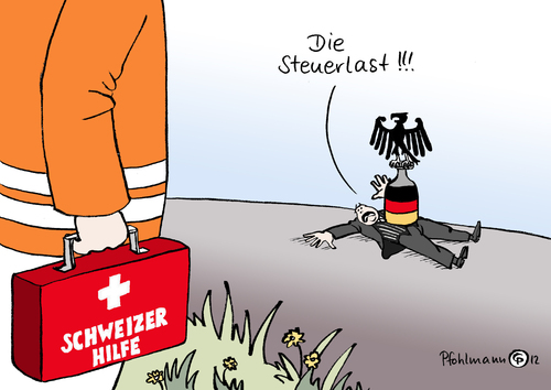 Cartoon: Schweizer Hilfe (medium) by Pfohlmann tagged karikatur,color,farbe,2012,deutschland,schweiz,steuerabkommen,erste,hilfe,beihilfe,steuerhinterziehung,steuerflüchtling,sanitäter,südostasien,steueroase,steueroasen,bundesadler,gewicht,steuerlast,erstehilfekoffer,koffer,2012,deutschland,schweiz,steuerabkommen,erste,hilfe,beihilfe,steuerhinterziehung,sanitäter,südostasien,steueroase,steuerflüchtling