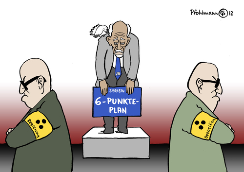 Cartoon: Sechs-Punkte-Plan (medium) by Pfohlmann tagged karikatur,color,farbe,2012,syrien,un,sicherheitsrat,kofi,annan,sechspunkteplan,sechs,punkte,plan,beauftragter,rücktritt,mandat,syrienbeauftragter,regierung,opposition,blindenbinde,blind,blinde,frieden,rebellen,aufstand,aleppo,friedenstaube,taube,2012,un,syrien,sicherheitsrat