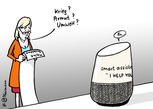 Cartoon: Smart Assistent (medium) by Pfohlmann tagged karikatur,cartoon,2016,color,farbe,global,google,assistent,smart,home,geräte,überwachung,hilfe,help,haushalt,alltag,probleme,krieg,armut,umwelt,vernetzung,karikatur,cartoon,2016,color,farbe,global,google,assistent,smart,home,geräte,überwachung,hilfe,help,haushalt,alltag,probleme,krieg,armut,umwelt,vernetzung