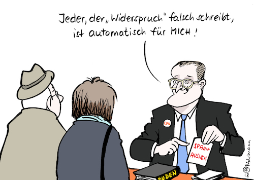 Cartoon: Spahn Widerspruch (medium) by Pfohlmann tagged karikatur,cartoon,farbe,color,2018,deutschland,cdu,kandidat,parteivorsitz,spahn,jens,kandidatur,organspende,organspender,ausweis,organspendeausweis,widerspruch,widerspruchslösung,nein,gesundheitsminister,duden,rechtschreibung,karikatur,cartoon,farbe,color,2018,deutschland,cdu,kandidat,parteivorsitz,spahn,jens,kandidatur,organspende,organspender,ausweis,organspendeausweis,widerspruch,widerspruchslösung,nein,gesundheitsminister,duden,rechtschreibung