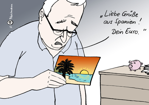 Cartoon: Spaniengruß (medium) by Pfohlmann tagged karikatur,color,farbe,2012,spanien,banken,postkarte,ansichtskarte,urlaub,urlaubskarte,deutschland,haftung,kredit,eu,rettungsschirm,europa,eurokrise,bankenkrise,kredite,hilfe,hilfen,euro,gruß,grußkarte,urlaubsgruß,bürger,steuerzahler