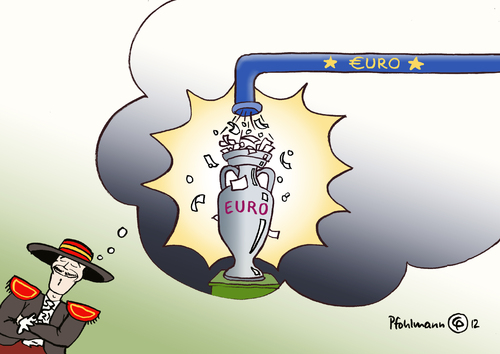 Cartoon: Spanischer Euro-Traum (medium) by Pfohlmann tagged farbe,color,karikatur,efsm,esm,rettungsschirm,antrag,spanien,2012,fußball,hilfe,bankenkrise,eurokrise,europa,eu,euro,finanzhilfe,pokal,europameisterschaft,europameister,finale,endspiel,traum,2012,spanien,antrag,rettungsschirm,esm,fußball,euro,europa,eurokrise,bankenkrise