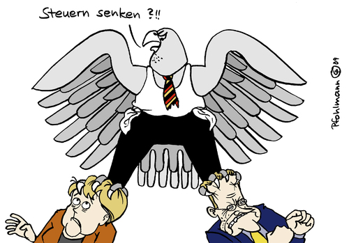 Cartoon: Steuern senken?! (medium) by Pfohlmann tagged steuer,steuern,steuerpolitik,steuersenkung,bundestagswahl,wahlversprechen,fdp,union,cdu,csu,angela,merkel,bundeskanzlerin,guido,westerwelle,koalition,schwarz,gelb,steuer,steuern,steuerpolitik,steuersenkung,steuerzahler,finanzen,wahlversprechen,bundestagswahl,fdp,cdu,koalition,angela merkel,guido westerwelle,schwarz,angela,merkel,guido,westerwelle