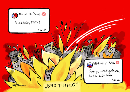Cartoon: Stop! Bad Timing (medium) by Pfohlmann tagged usa,trump,russland,putin,ukraine,krieg,angriff,kiew,bombardierung,truth,social,truthsocial,handy,smartphone,akku,timing,deal,friedensverhandlungen,socialmedia,kommunikation,internet,plattform,post,strom,offline,usa,trump,russland,putin,ukraine,krieg,angriff,kiew,bombardierung,truth,social,truthsocial,handy,smartphone,akku,timing,deal,friedensverhandlungen,socialmedia,kommunikation,internet,plattform,post,strom,offline