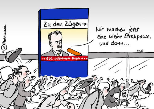 Cartoon: Streikpause (medium) by Pfohlmann tagged karikatur,cartoon,2015,color,farbe,deutschland,lokführer,weselsky,bahn,pause,streikpause,fahrgäste,kunden,bahnfahrer,pendler,deutsche,streik,gewerkschaft,lokführergewerkschaft,gdl,karikatur,cartoon,2015,color,farbe,deutschland,lokführer,weselsky,bahn,pause,streikpause,fahrgäste,kunden,bahnfahrer,pendler,deutsche,streik,gewerkschaft,lokführergewerkschaft,gdl