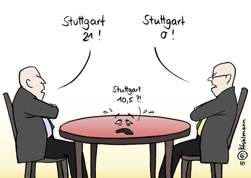 Cartoon: Stuttgart zehneinhalb (medium) by Pfohlmann tagged stuttgart,21,bahnhof,hauptbahnhof,bahn,db,runder,tisch,kompromiss,stuttgart 21,hauptbahnhof,bahn,db,kompromiss,zug,verkehr,protest,stuttgart,21