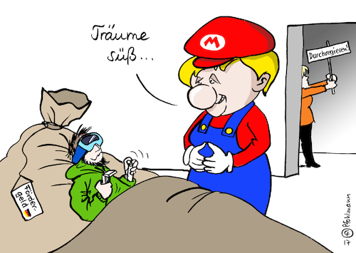 Cartoon: Super Merkelio (medium) by Pfohlmann tagged karikatur,cartoon,color,farbe,2017,deutschland,merkel,bundeskanzlerin,wahlkampf,super,mario,supermario,durchregieren,gamer,games,gamescom,köln,computerspiele,förderung,steuergeld,fördern,bundesregierung,controller,xbox,nintendo,spielkonsole,pc,smartphone,kulturgut,abhängigkeit,computerspielsucht,spielsucht,realität,spieleindustrie,realitätsflucht,virtualität,virtuelle,spieleentwickler,programmierer,karikatur,cartoon,color,farbe,2017,deutschland,merkel,bundeskanzlerin,wahlkampf,super,mario,supermario,durchregieren,gamer,games,gamescom,köln,computerspiele,förderung,steuergeld,fördern,bundesregierung,controller,xbox,nintendo,spielkonsole,pc,smartphone,kulturgut,abhängigkeit,computerspielsucht,spielsucht,realität,spieleindustrie,realitätsflucht,virtualität,virtuelle,spieleentwickler,programmierer