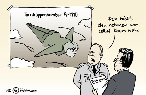 Cartoon: Tarnung (medium) by Pfohlmann tagged tarnkappenbomber,merkel,angela,cdu,bundeskanzlerin,zu,guttenberg,csu,afghanistan,einsatz,krieg,bundeswehr,verteidigungsminsiter,tarnkappenbomber,angela merkel,cdu,guttenberg,afghanistan,einsatz,krieg,bundeswehr,militär,soldaten,angela,merkel