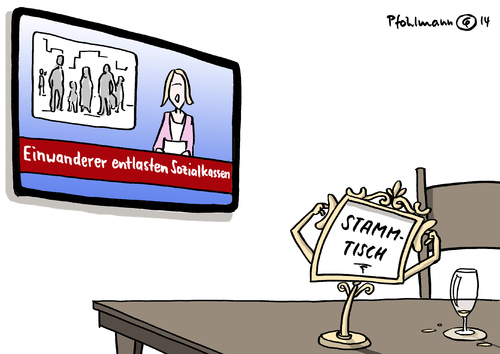 Cartoon: Tauber Stammtisch (medium) by Pfohlmann tagged karikatur,cartoon,2014,color,farbe,deutschland,immigration,migration,einwanderer,studie,sozialkassen,ausländer,ausländerfeindlichkeit,ausländerhass,stammtisch,ohren,taub,tv,nachrichten,fernseher,karikatur,cartoon,2014,color,farbe,deutschland,immigration,migration,einwanderer,studie,sozialkassen,ausländer,ausländerfeindlichkeit,ausländerhass,stammtisch,ohren,taub,tv,nachrichten,fernseher