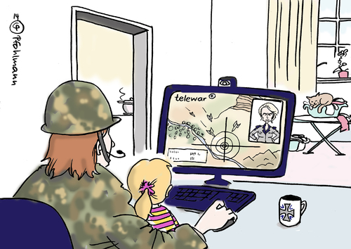 Cartoon: Telearbeit Bundeswehr (medium) by Pfohlmann tagged karikatur,cartoon,color,farbe,2014,deutschland,von,der,leyen,telearbeit,telearbeitsplatz,homework,heimarbeit,auslandseinsätze,bundeswehr,familienfreundlichkeit,familienfreundlich,kita,kinderbetreuung,militär,krieg,kriegseinsatz,familienpolitik,truppe,verteidigungsministerin,computer,pc,haushalt,karikatur,cartoon,color,farbe,2014,deutschland,von,der,leyen,telearbeit,telearbeitsplatz,homework,heimarbeit,auslandseinsätze,bundeswehr,familienfreundlichkeit,familienfreundlich,kita,kinderbetreuung,militär,krieg,kriegseinsatz,familienpolitik,truppe,verteidigungsministerin,computer,pc,haushalt