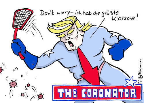 Cartoon: The CORONATOR (medium) by Pfohlmann tagged 2020,welt,global,usa,trump,corona,coronakrise,coronavirus,pandemie,epidemie,klatsche,coronator,fliegenklatsche,präsident,2020,welt,global,usa,trump,corona,coronakrise,coronavirus,pandemie,epidemie,klatsche,coronator,fliegenklatsche,präsident