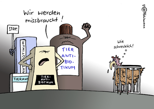 Cartoon: Tier-Antibiotika (medium) by Pfohlmann tagged karikatur,color,farbe,2012,deutschland,lebensmittel,fleisch,hähnchen,hühner,hennen,geflügel,belastung,keim,keime,antibiotika,tiermedikamente,tiermedizin,protest,demo,demonstration,missbrauch,käfighaltung,resistenz,resistent,supermarkt,bund,naturschutz,test,labor,massentierhaltung,essen,lebensmittelskandal,rache,qual,qualvoll,tierschutz,gesundheit,2012,lebensmittel,deutschland,fleisch,hähnchen,hühner,hennen,geflügel,belastung,tiermedikamente,tiermedizin,protest,antibiotika,keime,demonstration,missbrauch,käfighaltung,resistenz,resistent