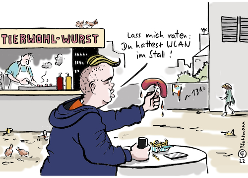 Cartoon: Tierwohl-Wurst (medium) by Pfohlmann tagged tierwohl,label,etikett,tiere,tierschutz,landwirtschaft,ernährung,fleisch,massentierhaltung,nahrung,lebensmittel,imbiss,wurst,wlan,internet,online,glück,stall,tierwohl,label,etikett,tiere,tierschutz,landwirtschaft,ernährung,fleisch,massentierhaltung,nahrung,lebensmittel,imbiss,wurst,wlan,internet,online,glück,stall