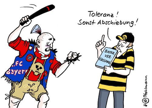 Cartoon: Toleranz in Bayern (medium) by Pfohlmann tagged karikatur,cartoon,2016,color,farbe,deutschland,csu,union,seehofer,vorschlag,verfassung,toleranz,integration,flüchtlinge,flüchtlingskrise,asyl,asylbewerber,fc,bayern,fußball,fan,hooligan,gewalt,gewalttäter,abschiebung,kriminalität,werte,leitkultur,grundwerte,gesellschaft,anpassung,straftäter,dortmund,bvb,fußballfan,hass,verfassungsänderung,karikatur,cartoon,2016,color,farbe,deutschland,csu,union,seehofer,vorschlag,verfassung,toleranz,integration,flüchtlinge,flüchtlingskrise,asyl,asylbewerber,fc,bayern,fußball,fan,hooligan,gewalt,gewalttäter,abschiebung,kriminalität,werte,leitkultur,grundwerte,gesellschaft,anpassung,straftäter,dortmund,bvb,fußballfan,hass,verfassungsänderung