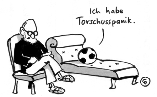 Cartoon: Torschuss (medium) by Pfohlmann tagged fußball,ball,torschuss,panik,psychiater,freud,psychologie,therapie,psychotherapie,couch