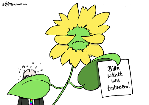 Cartoon: Trotz Beck (medium) by Pfohlmann tagged karikatur,cartoon,2016,color,deutschland,grüne,beck,drogen,crystal,meth,wahl,wahlen,landtagswahlen,sonnenblume,distanzierung,scham,wahlkampf,drogenpolitik,rücktritt,karikatur,cartoon,2016,color,deutschland,grüne,beck,drogen,crystal,meth,wahl,wahlen,landtagswahlen,sonnenblume,distanzierung,scham,wahlkampf,drogenpolitik,rücktritt