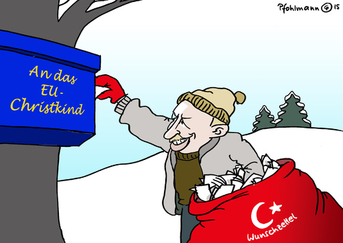 Cartoon: Türkische Wunschzettel (medium) by Pfohlmann tagged karikatur,cartoon,2015,color,farbe,deutschland,türkei,eu,beitritt,beitrittsverhandlungen,erdogan,druckmittel,wunschzettel,weihnachten,briefkasten,christkind,europa,flucht,flüchtllinge,flüchtlingslager,außengrenzen,forderungen,verhandlungen,mitgliedschaft,karikatur,cartoon,2015,color,farbe,deutschland,türkei,eu,beitritt,beitrittsverhandlungen,erdogan,druckmittel,wunschzettel,weihnachten,briefkasten,christkind,europa,flucht,flüchtllinge,flüchtlingslager,außengrenzen,forderungen,verhandlungen,mitgliedschaft