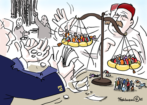 Cartoon: Türkischer Basar (medium) by Pfohlmann tagged karikatur,cartoon,2015,color,farbe,türkei,eu,global,flüchtlinge,flüchtlingskrise,aufnahme,grenzen,handel,basar,waage,boote,bootsflüchtlinge,deal,beitritt,beitrittsverhandlungen,visa,visum,geld,verhandlungen,verhandeln,schachern,gipfel,karikatur,cartoon,2015,color,farbe,türkei,eu,global,flüchtlinge,flüchtlingskrise,aufnahme,grenzen,handel,basar,waage,boote,bootsflüchtlinge,deal,beitritt,beitrittsverhandlungen,visa,visum,geld,verhandlungen,verhandeln,schachern,gipfel