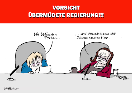 Cartoon: Übermüdet (medium) by Pfohlmann tagged karikatur,cartoon,color,farbe,2018,deutschland,regierung,groko,große,koalition,merkel,union,nahles,spd,übermüdet,übermüdete,beschlüsse,bevölkerung,diesel,dieselskandal,ferkel,kastration,betäubung,verschieben,verschiebung,befördern,beförderung,maaßen,verfassungsschutz,schlafmangel,konflikte,koalitionskrise,karikatur,cartoon,color,farbe,2018,deutschland,regierung,groko,große,koalition,merkel,union,nahles,spd,übermüdet,übermüdete,beschlüsse,bevölkerung,diesel,dieselskandal,ferkel,kastration,betäubung,verschieben,verschiebung,befördern,beförderung,maaßen,verfassungsschutz,schlafmangel,konflikte,koalitionskrise