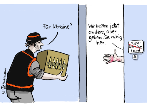 Cartoon: Ukraine-Paket (medium) by Pfohlmann tagged ukraine,russland,krieg,waffen,waffenlieferung,paket,paketdienst,ukraine,russland,krieg,waffen,waffenlieferung,paket,paketdienst