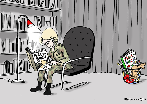 Cartoon: Ursulas Mali-Buch (medium) by Pfohlmann tagged karikatur,cartoon,color,farbe,2014,deutschland,kriegseinsätze,mali,afrika,bundeswehr,verantwortung,verteidigungsministerin,von,der,leyen,buch,malibuch,malbuch,lesen,spannung,spannend,krieg,militär,karikatur,cartoon,color,farbe,2014,deutschland,kriegseinsätze,mali,afrika,bundeswehr,verantwortung,verteidigungsministerin,von,der,leyen,buch,malibuch,malbuch,lesen,spannung,spannend,krieg,militär