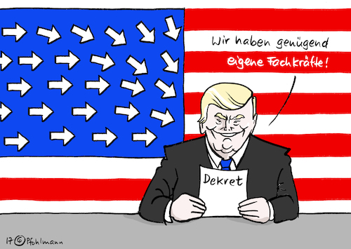 Cartoon: US-Fachkraft (medium) by Pfohlmann tagged karikatur,cartoon,2017,color,farbe,usa,trump,präsident,fachkraft,fachkräfte,visum,visa,einreise,dekret,bestimmungen,immigration,immigranten,arbeitserlaubnis,hire,america,first,flagge,fahne,stars,and,stripes,karikatur,cartoon,2017,color,farbe,usa,trump,präsident,fachkraft,fachkräfte,visum,visa,einreise,dekret,bestimmungen,immigration,immigranten,arbeitserlaubnis,hire,america,first,flagge,fahne,stars,and,stripes